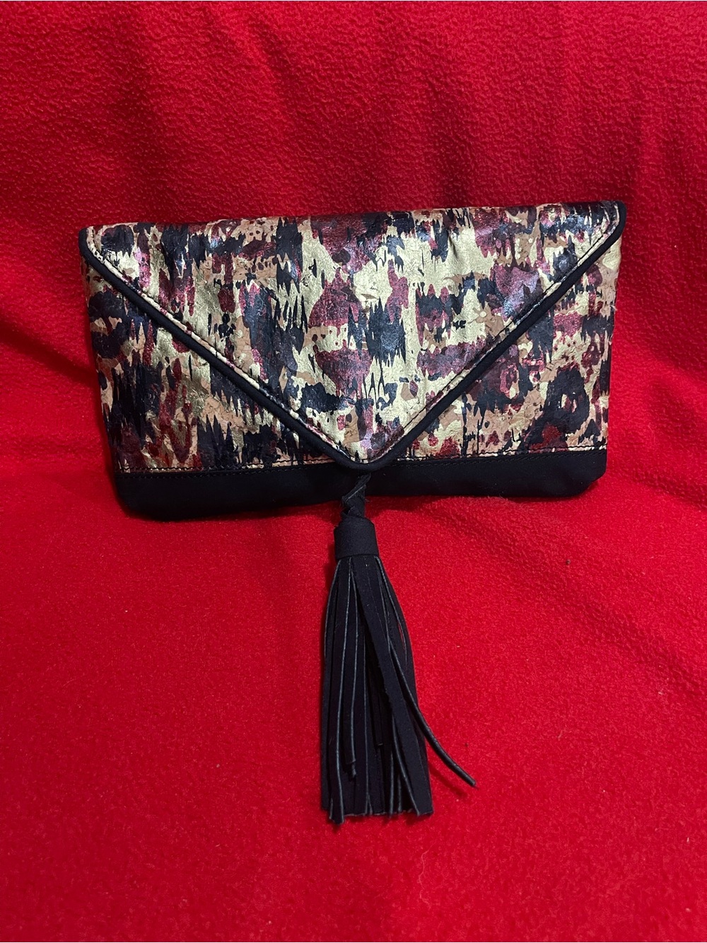 Pretty Ships Gold & Black Metallic Pattern Envelope Clutch with Suede Tassel